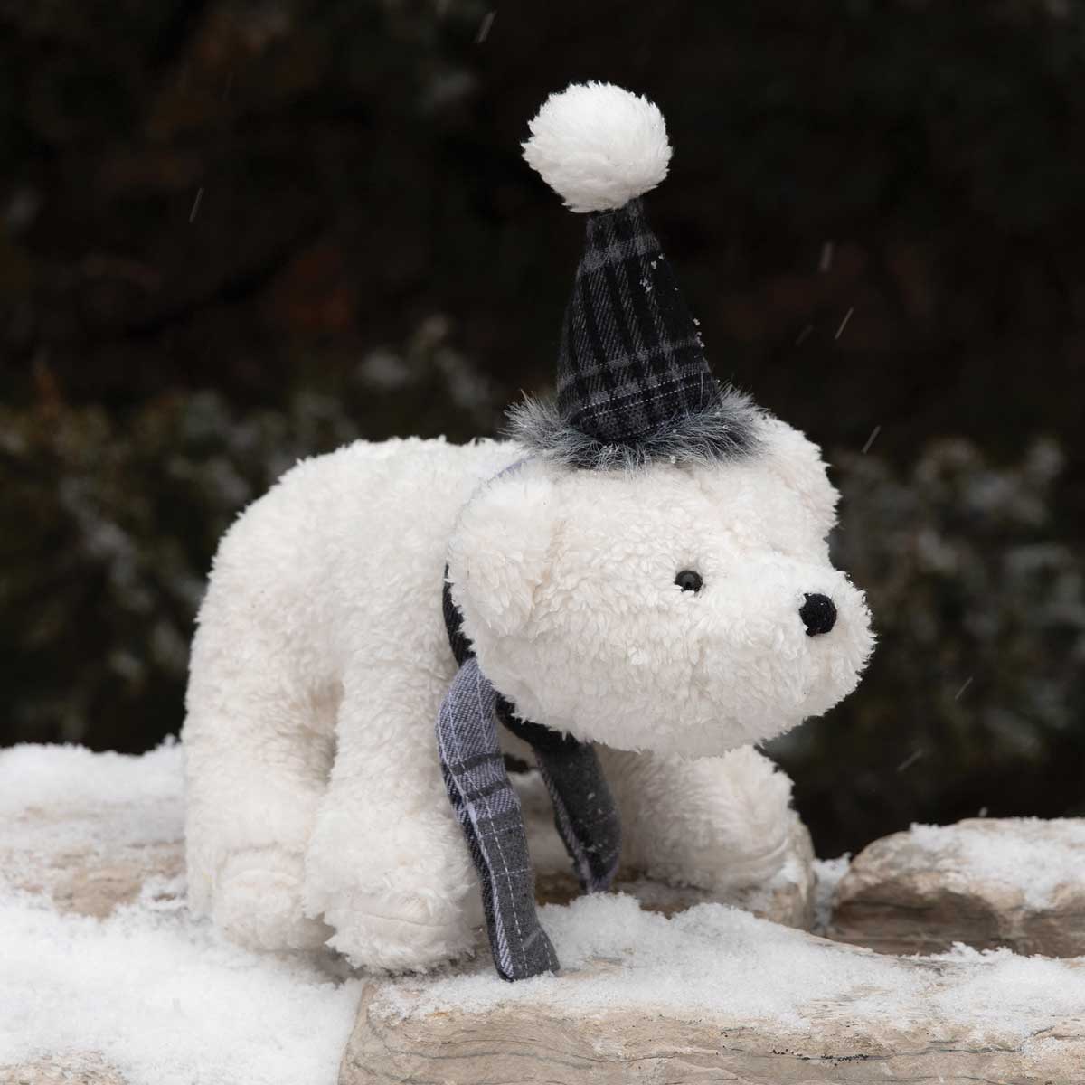 POLAR BEAR WITH HAT AND SCARF 6.5IN X 10.5IN X 9IN WHITE/GREY/BL