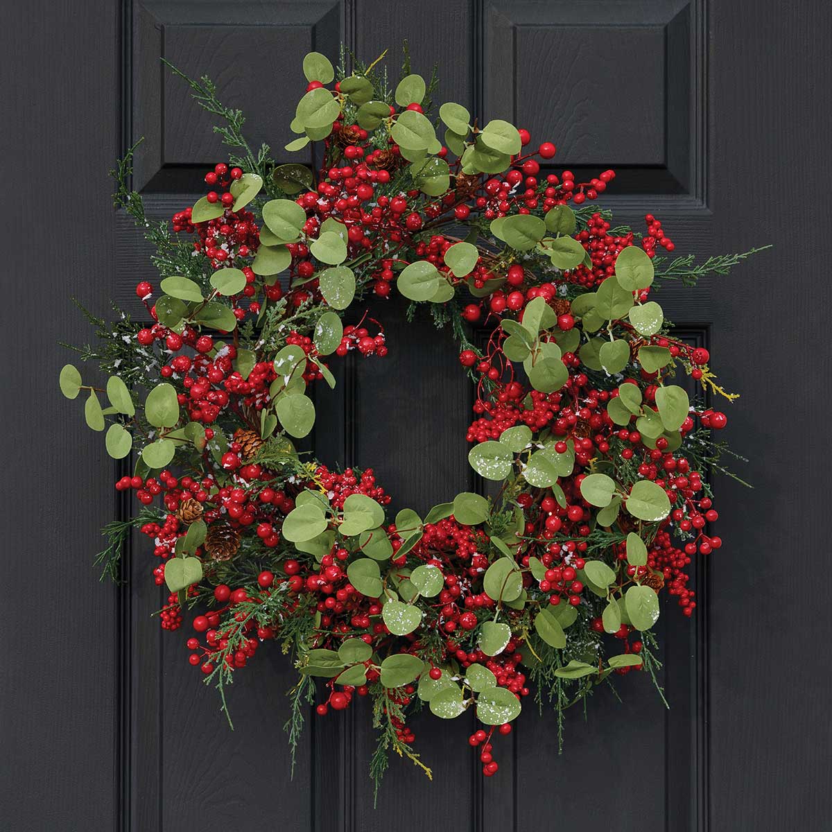FROSTED RED BERRY/EUCALYPTUS WREATH WITH MINI PINECONES
