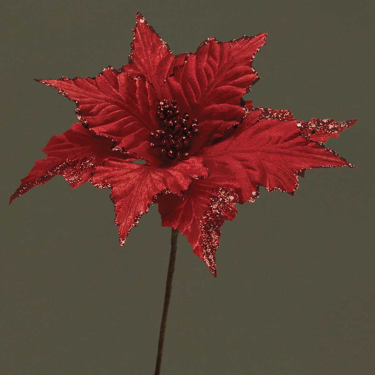 TRADITIONAL POINSETTIA RED WIRED WITH GLITTER 10"X14" - Click Image to Close
