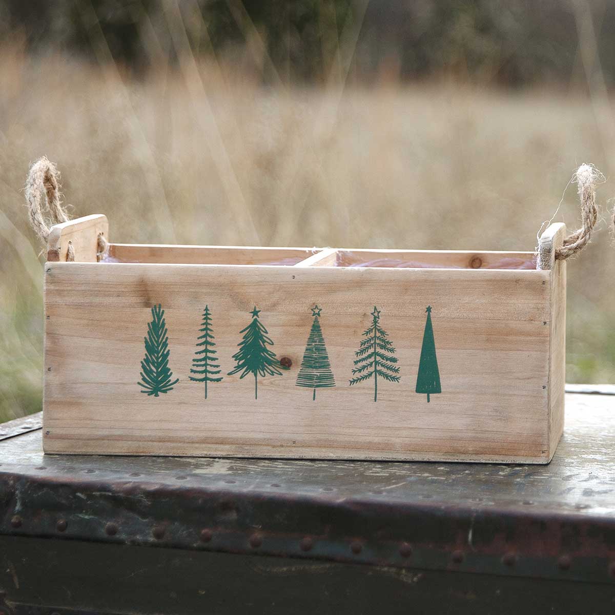 DOUBLE RECTANGLE WOOD BOX WITH ROPE HANDLES AND