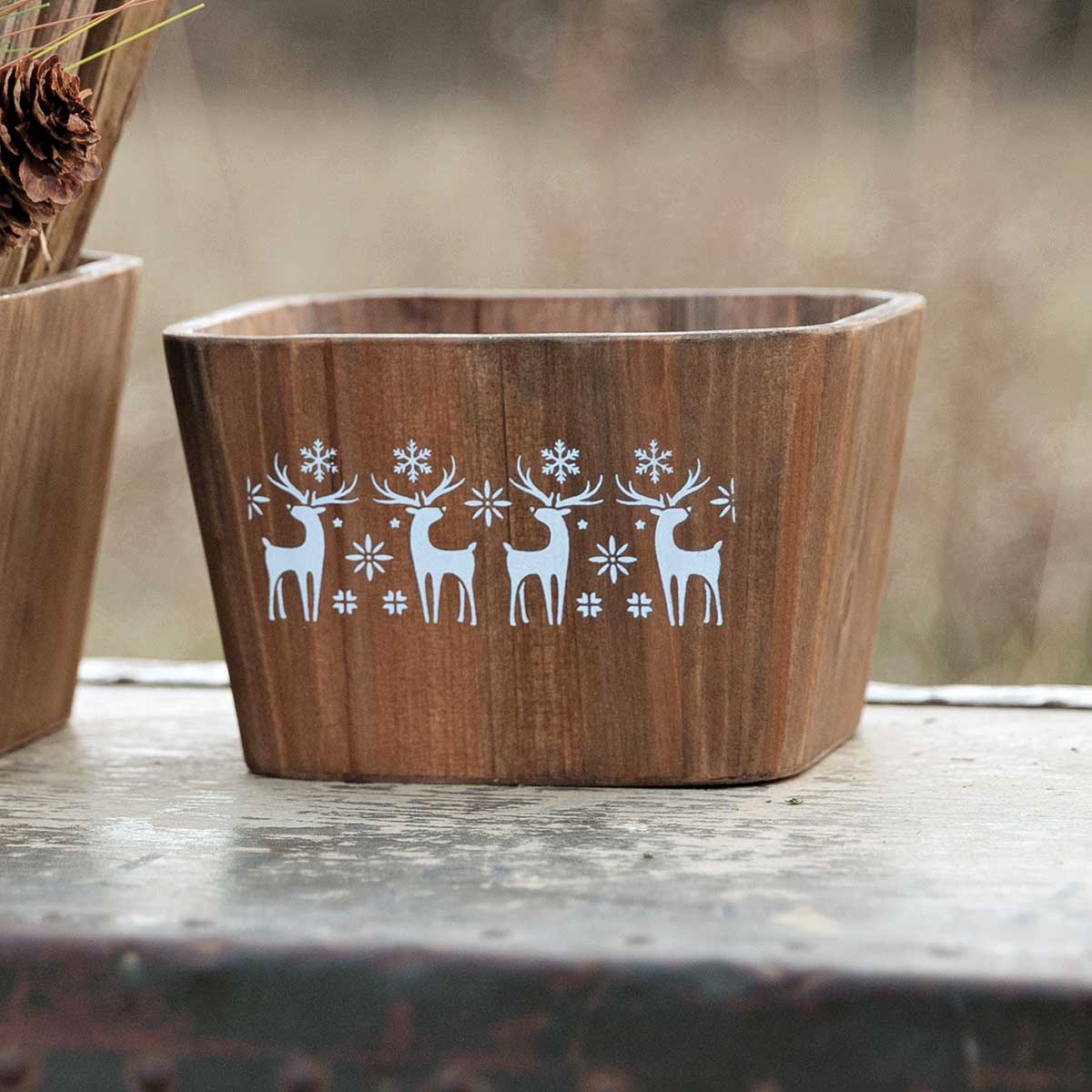 SQUARE WOOD BOX WITH DEER DESIGN SMALL 6.25"X3.75"