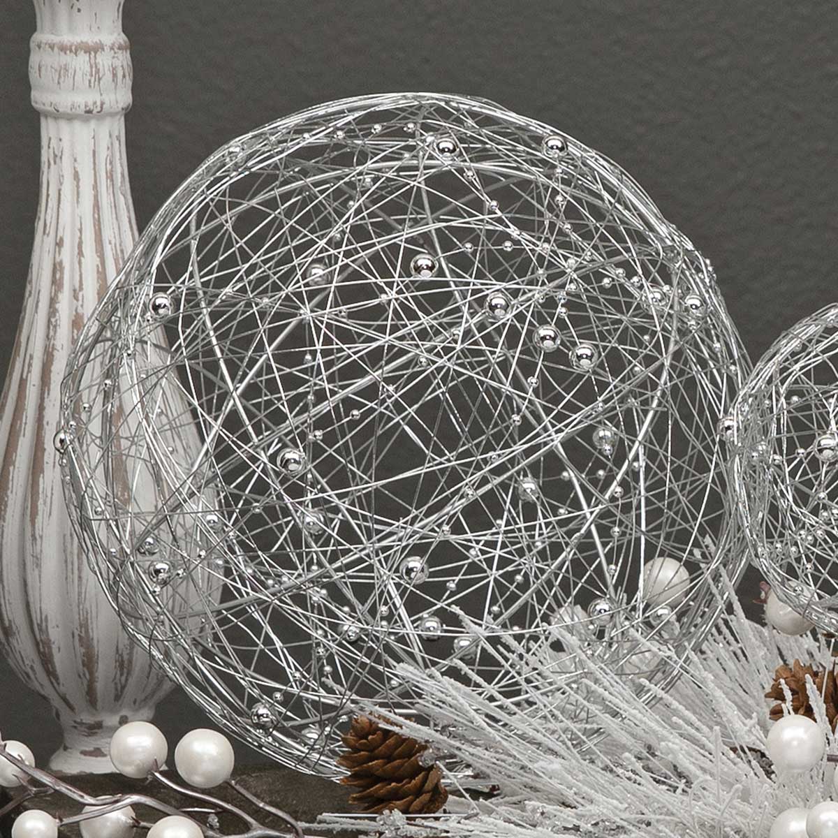 DECORATIVE WIRE BALL SILVER WITH BEADS LARGE 7.5" - Click Image to Close