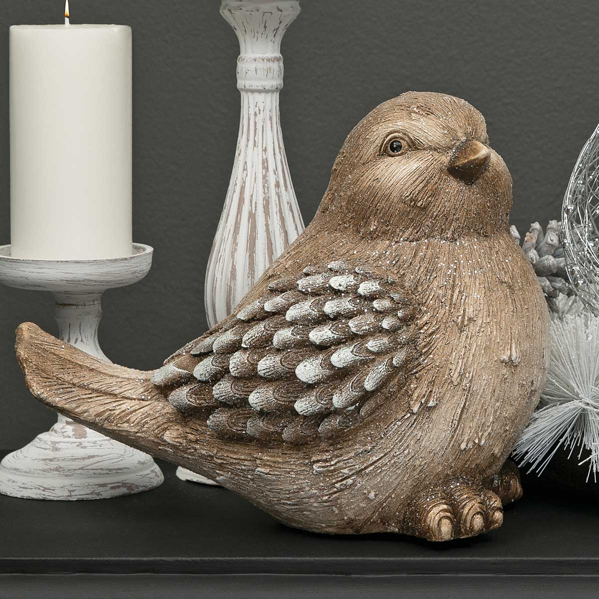 BELLA BIRD RESIN BIRD BEIGE/BROWN WITH PINECONE WINGS - Click Image to Close