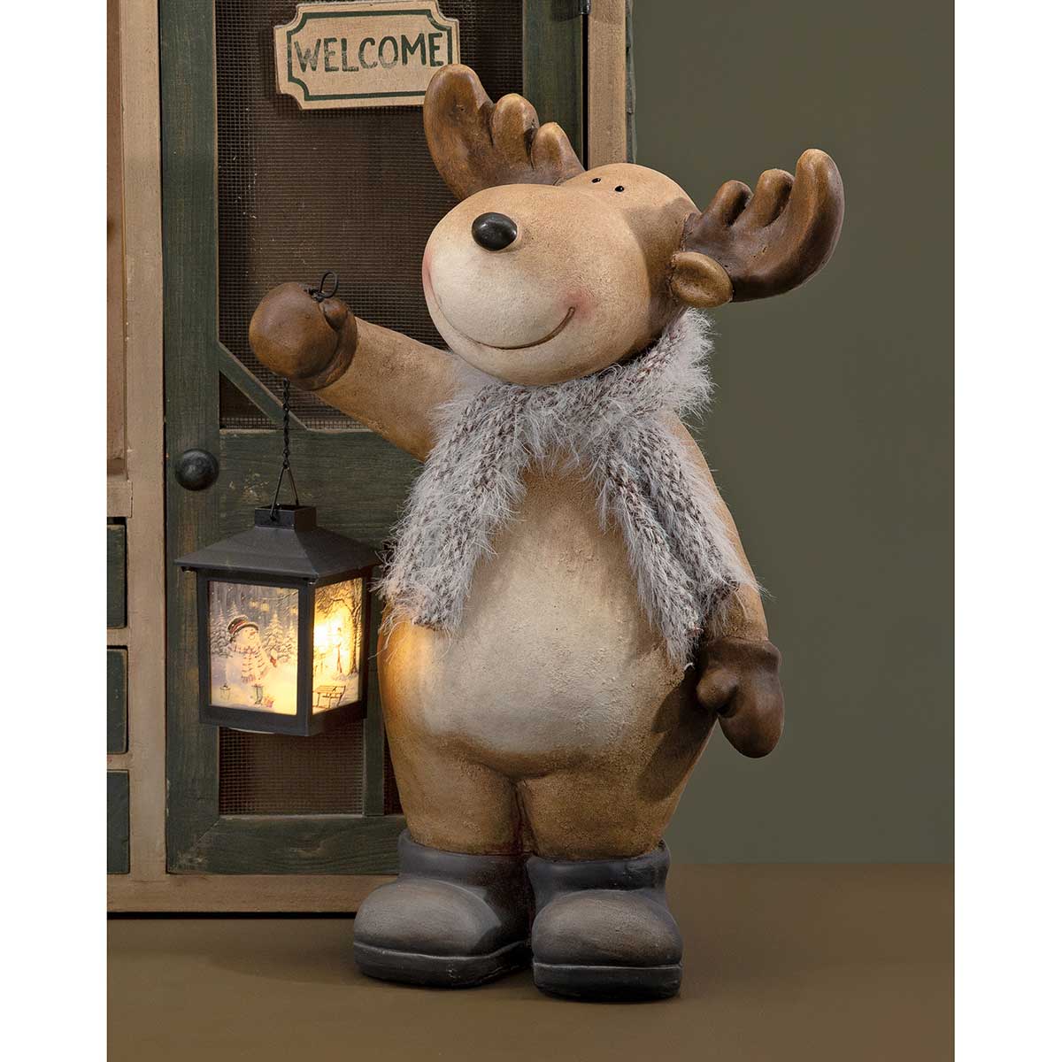 MERRITT MOOSE RESIN MOOSE WITH SCARF AND 4"X3" LED LANTERN - Click Image to Close