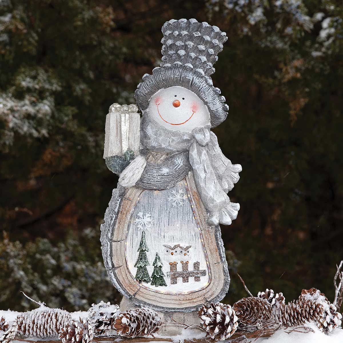 NOELLE RESIN SNOWMAN GREY/WHITE WITH TREE SCENE, GLITTER - Click Image to Close