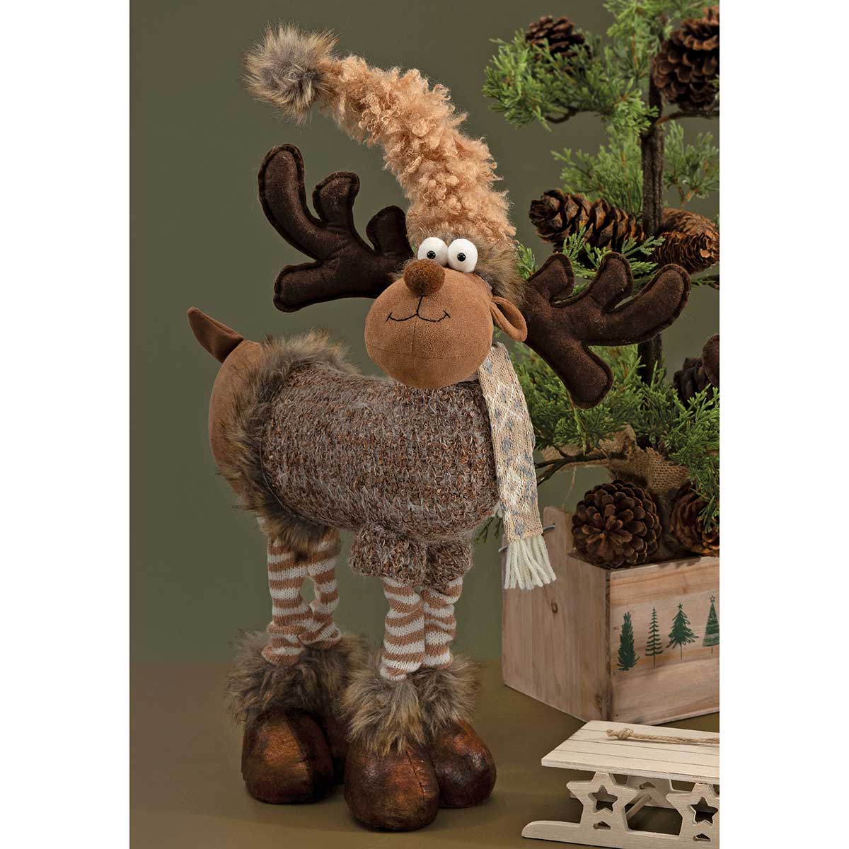 MAX STANDING MOOSE BROWN/TAN WITH WIRED CURLY MOHAIR HAT