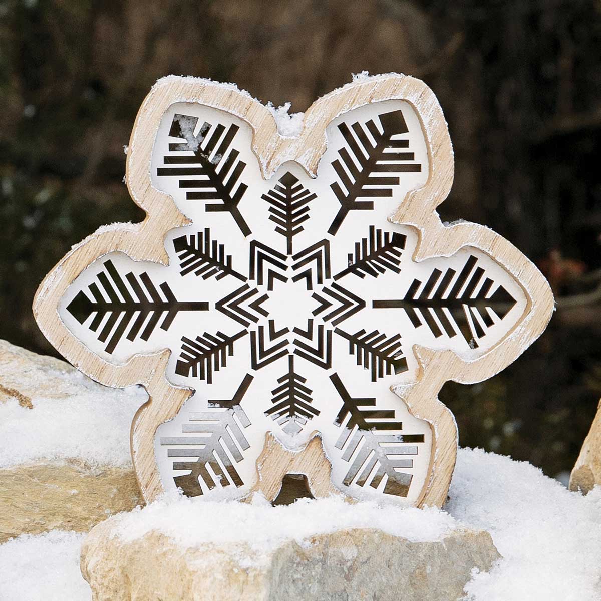SNOWFLAKE WOOD CUTOUT SIT-A-BOUT NATURAL/WHITE WIDE - Click Image to Close