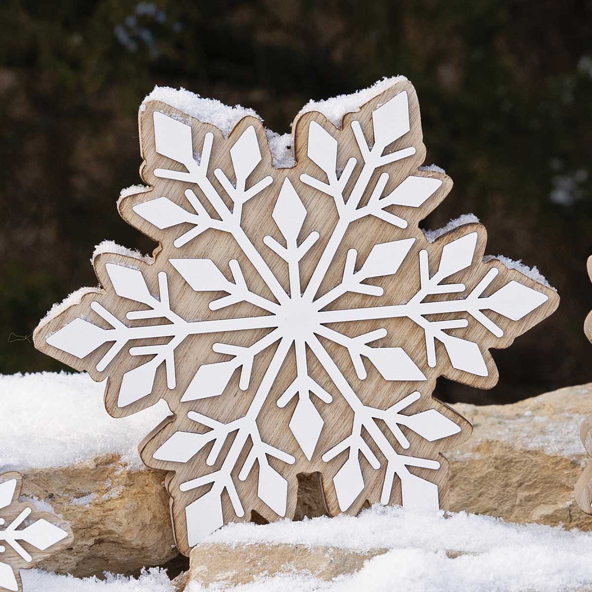 SNOWFLAKE WOOD SIT-A-BOUT NATURAL/WHITE LARGE 7.25"X1"X6.25" - Click Image to Close