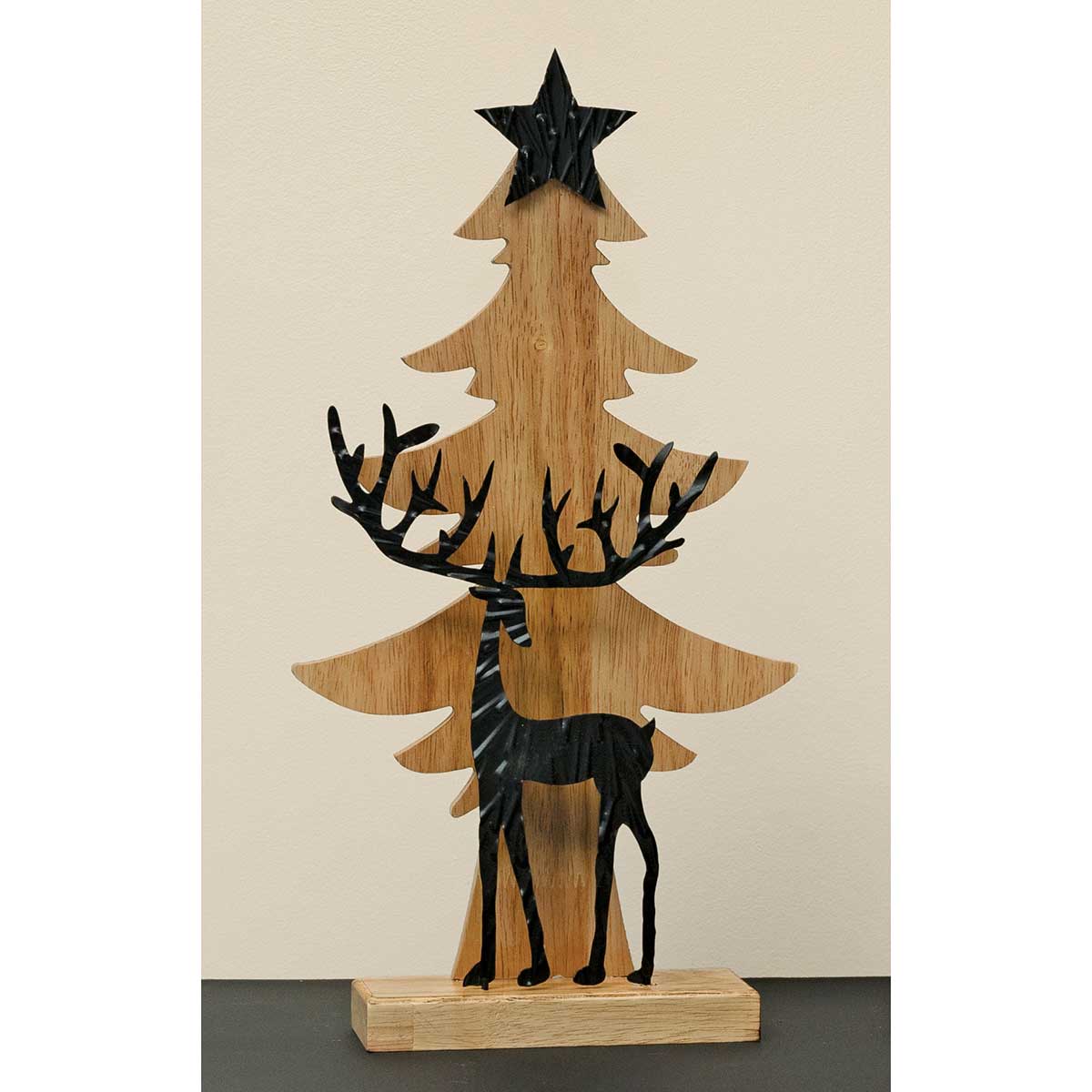 METAL DEER AND WOOD TREE ON BASE BLACK/NATURAL WITH STAR - Click Image to Close