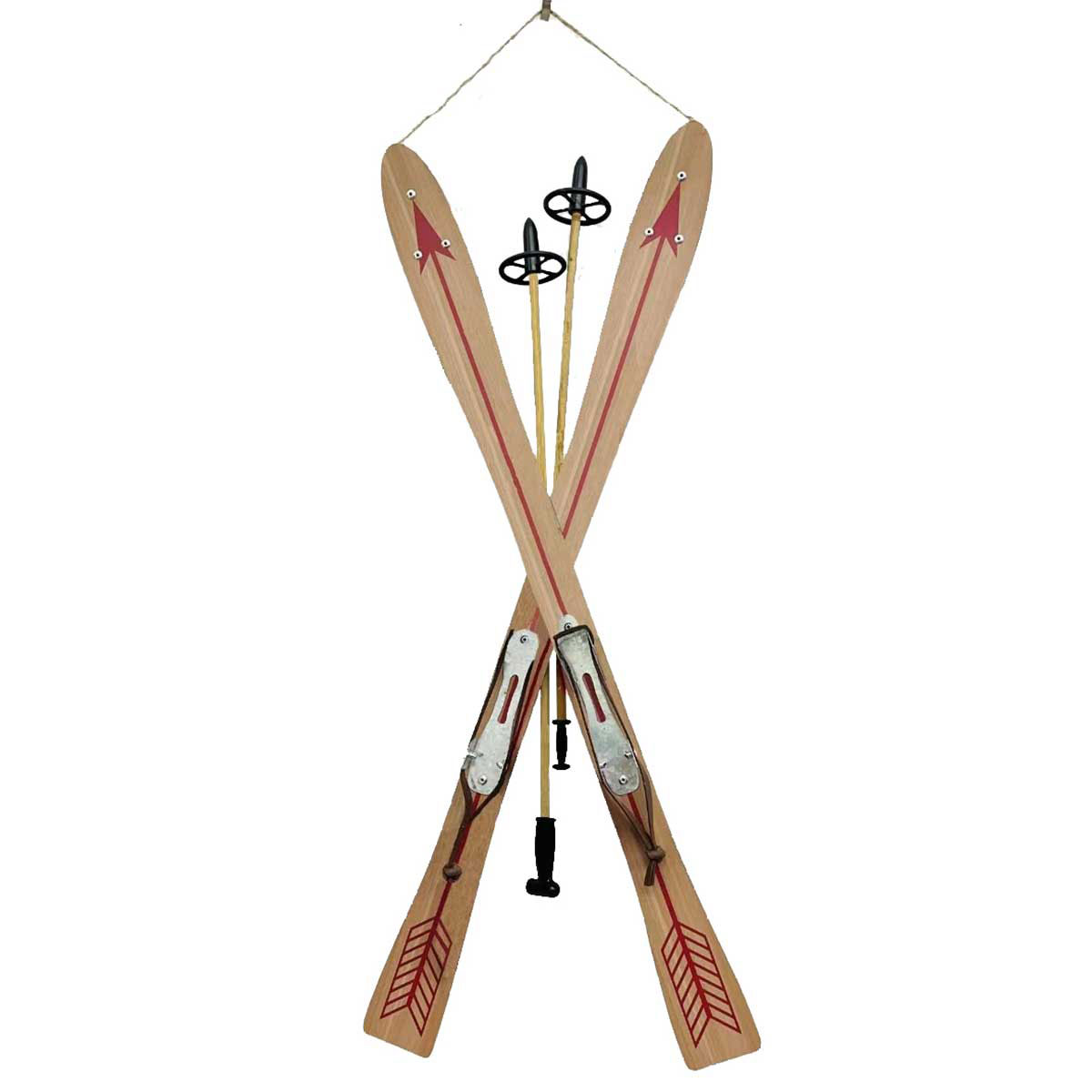 WOOD SKIS NATURAL WITH RED ARROWS AND JUTE HANGER - Click Image to Close