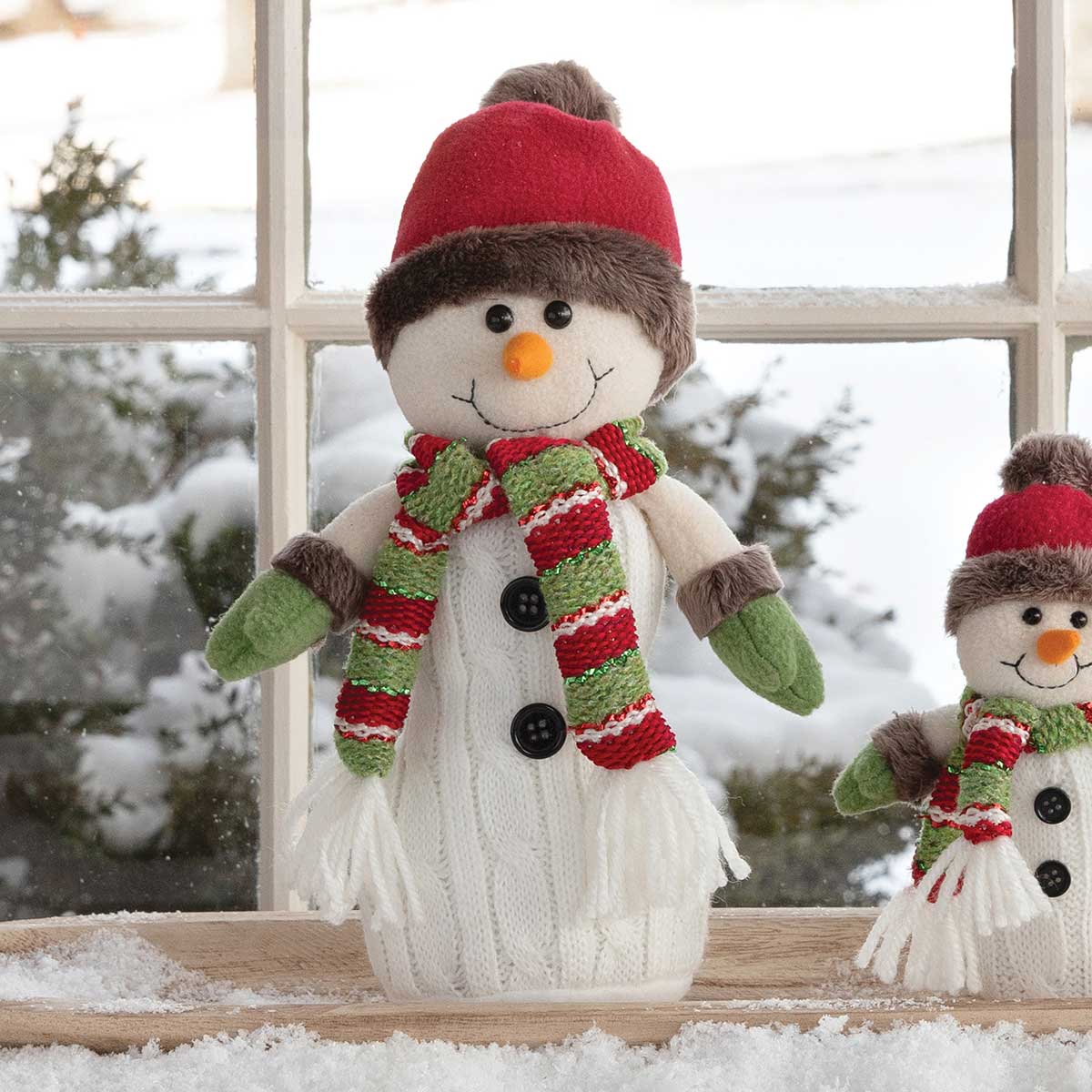 SNOWMAN CREAM/WHITE/BURGUNDY/GREEN WITH FAUX FUR LARGE - Click Image to Close