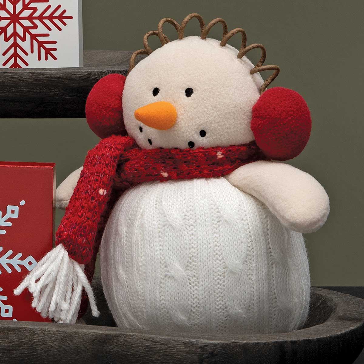 SILAS SNOWMAN CREAM/WHITE/RED WITH EACH MUFFS, KNIT SCARF