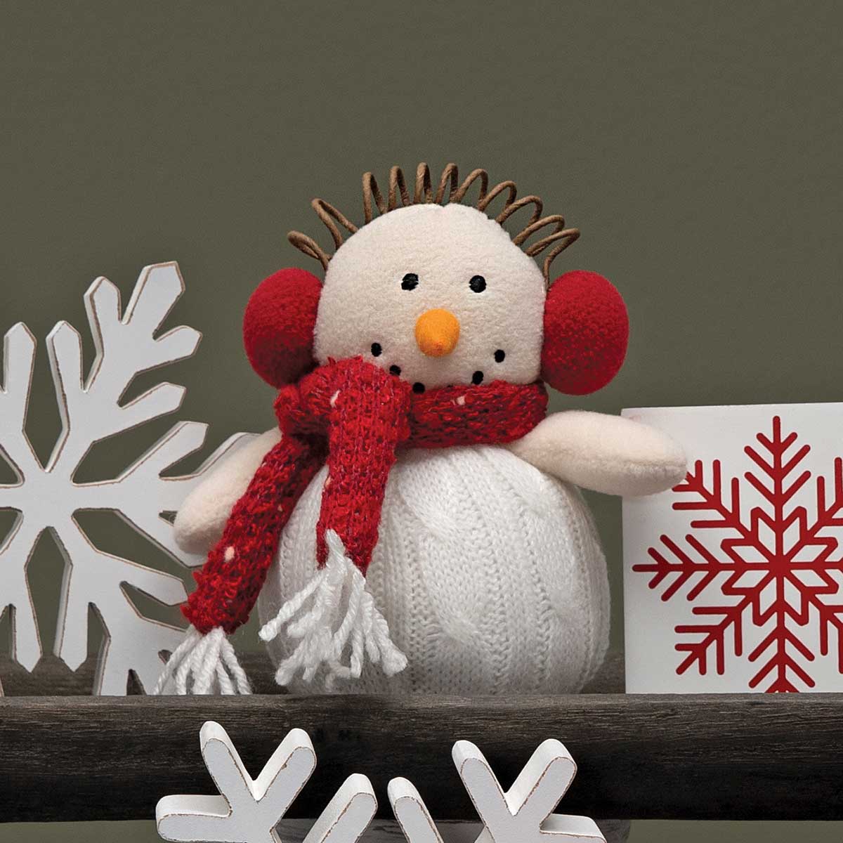 SILAS SNOWMAN CREAM/WHITE/RED WITH EACH MUFFS, KNIT SCARF - Click Image to Close