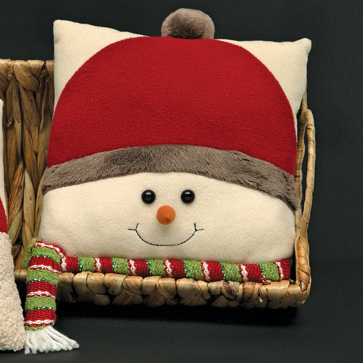 SNOWMAN FACE PILLOW CREAM/RED/GREEN WITH POM-POM