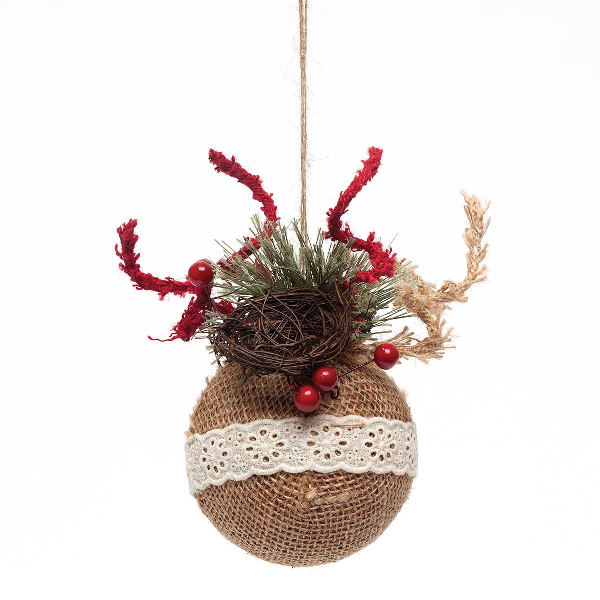 BURLAP BALL ORNAMENT WITH NEST AND BERRIES