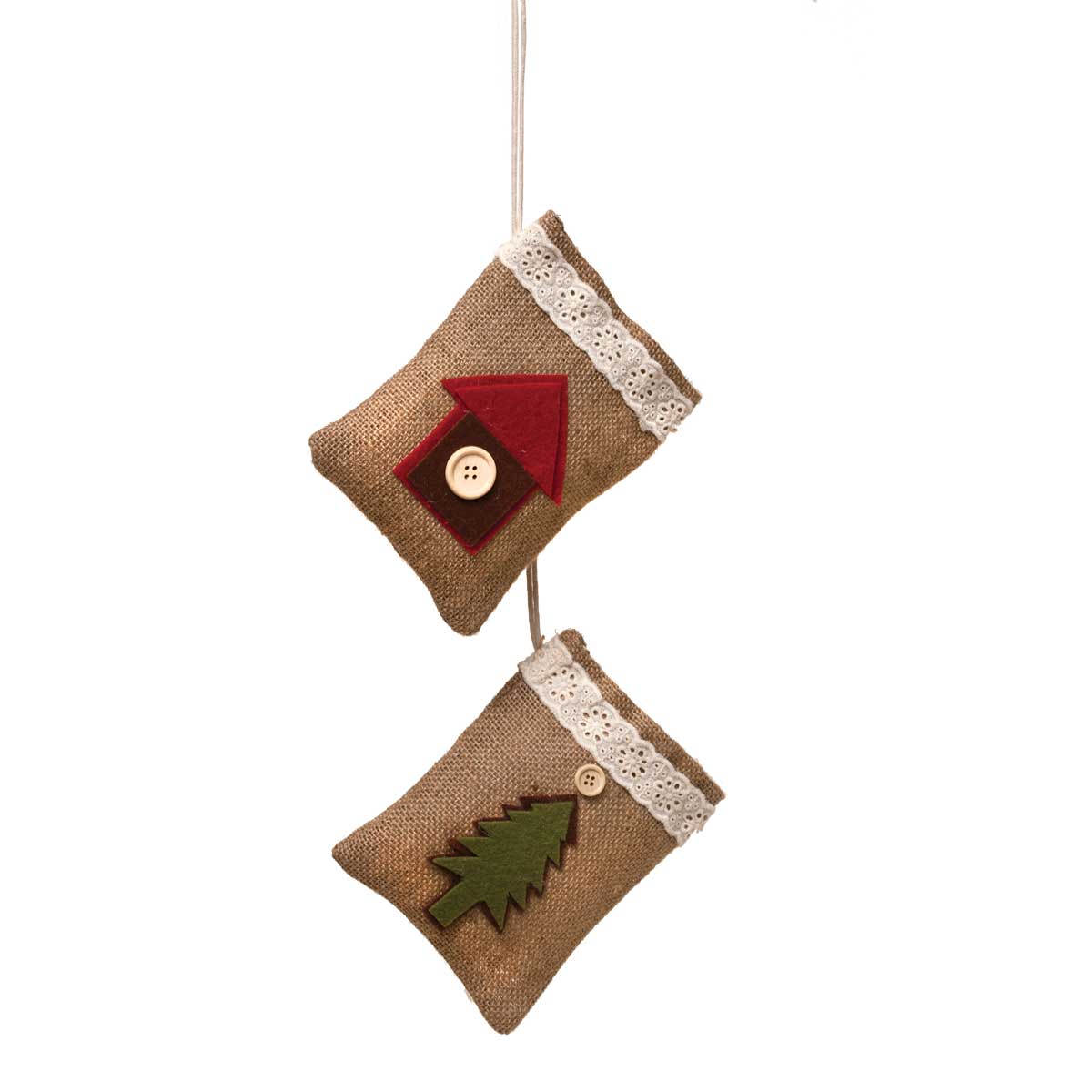 BURLAP BAG WITH BUTTON SET OF 2 HOUSE/TREE