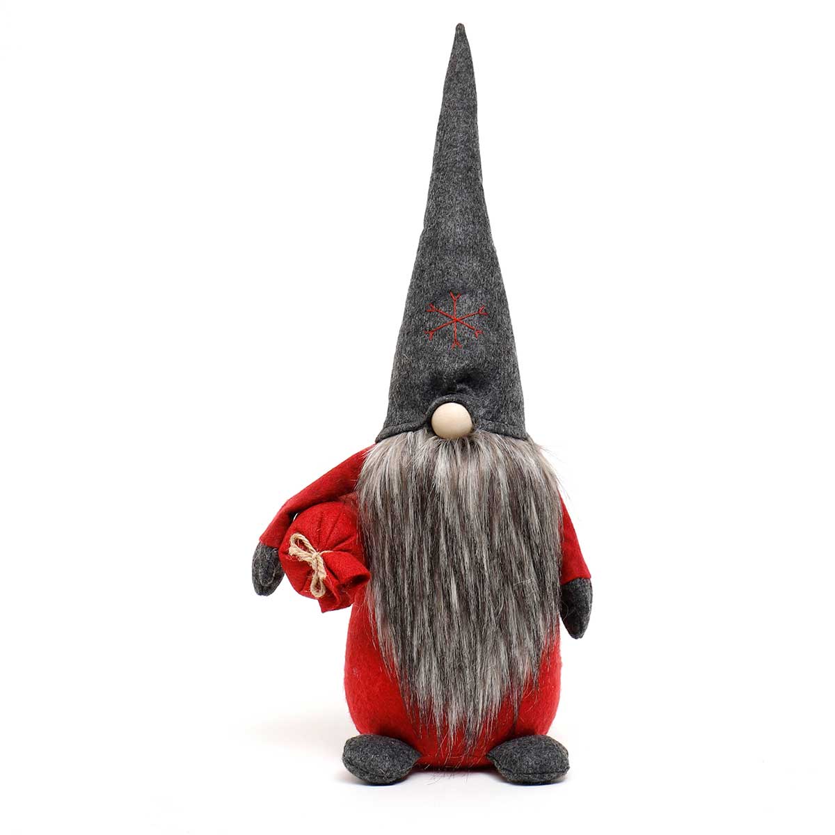 TOMTE GNOME WITH DARK GREY SNOWFLAKE HAT, WOOD NOSE AND RED BAG