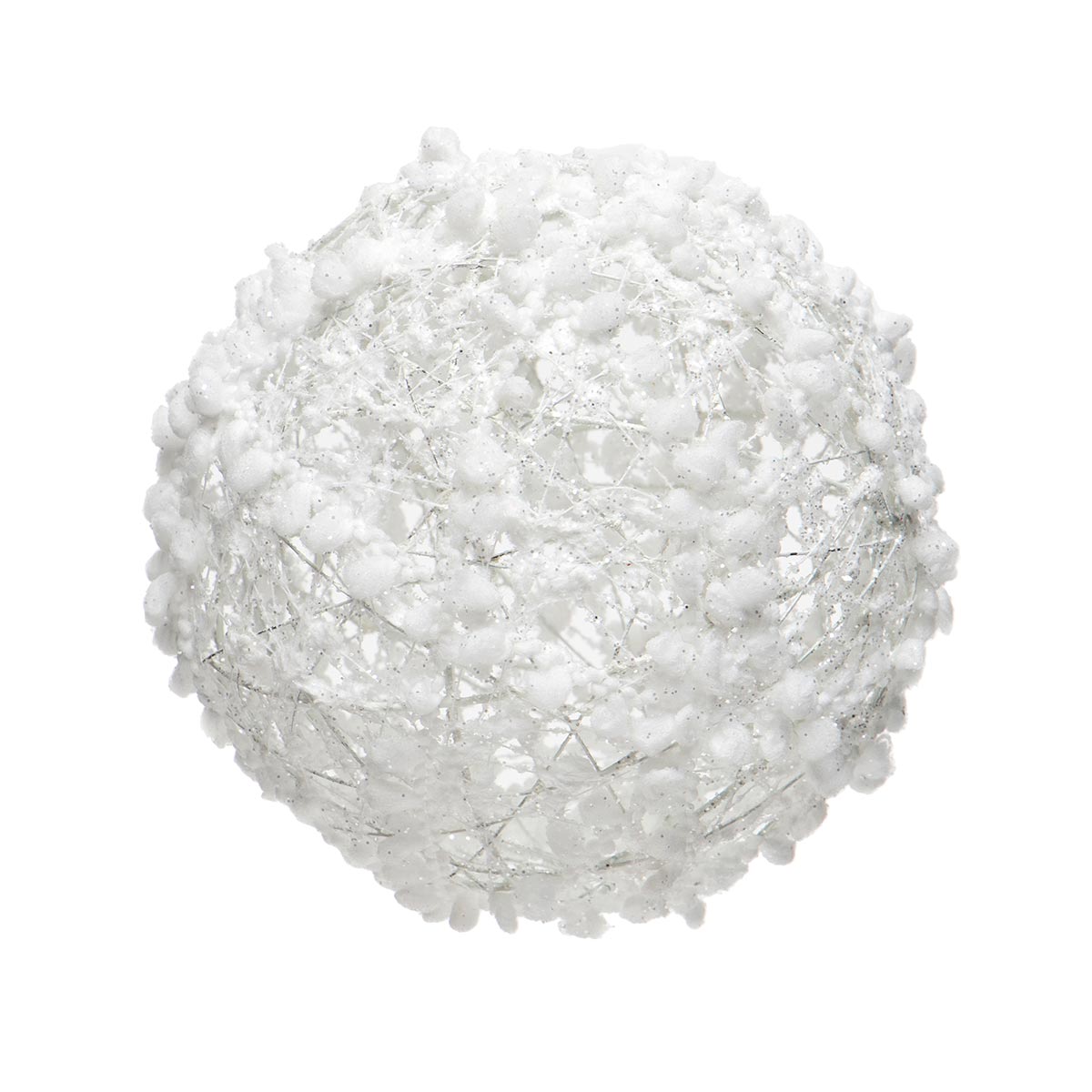 WHITE PUFF BALL ORNAMENT WITH GLITTER & MICA LARGE 6"