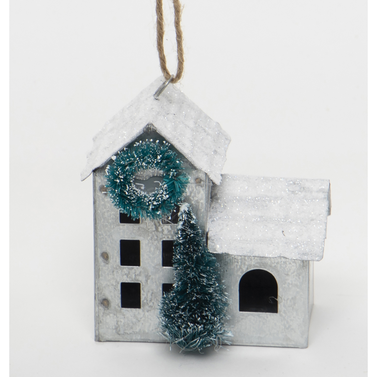 !METAL HOUSE ORNAMENT WITH WHITE GLITTER b50