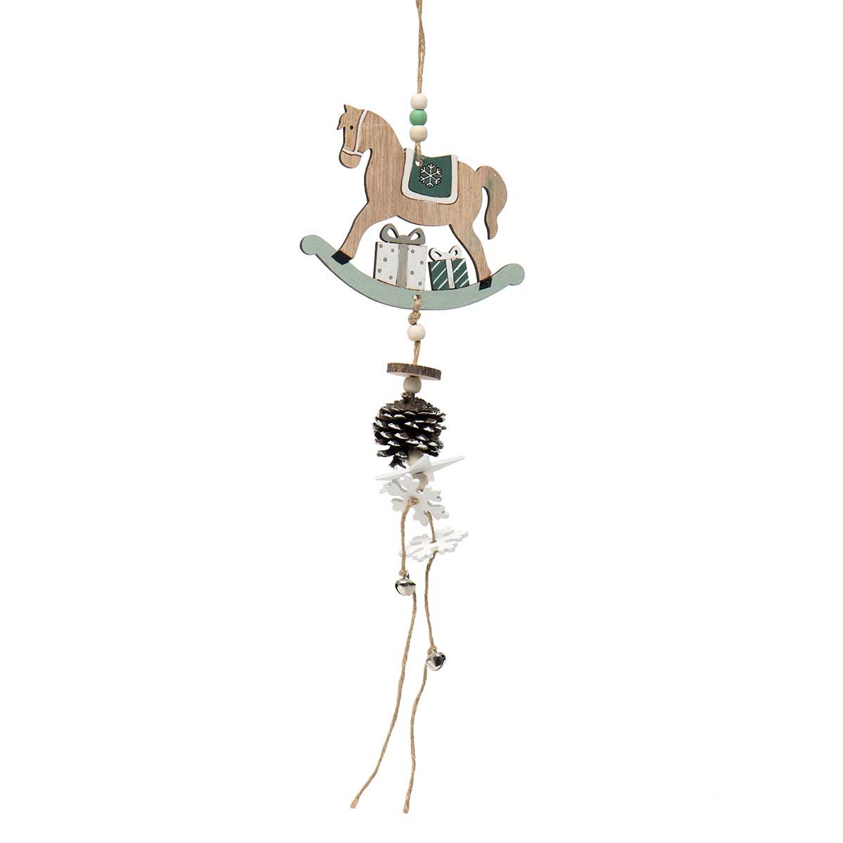 ROCKING HORSE WITH PINECONE, WOOD SNOWFLAKES, BELLS