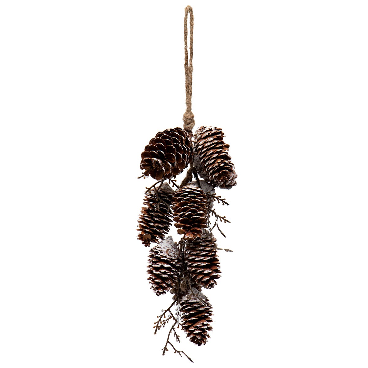 SNOWED PINECONE CLUSTER DROP WITH TWINE HANGER AND FAUX