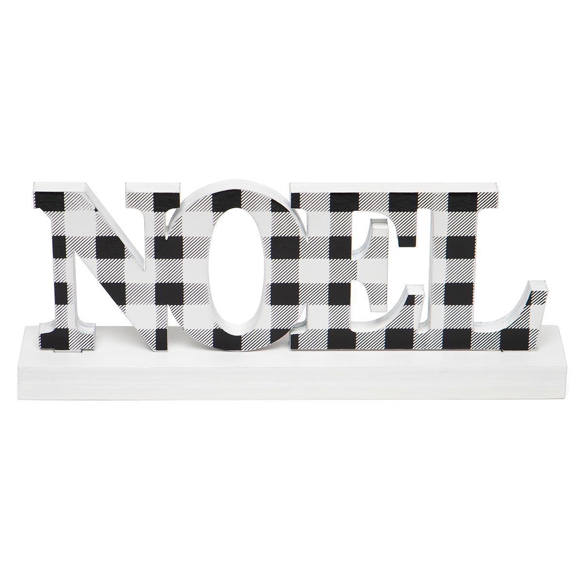 !FALALA NOEL WOOD SHELF SITTER BLACK/WHITE PLAID 7.5"X1.25"X3"