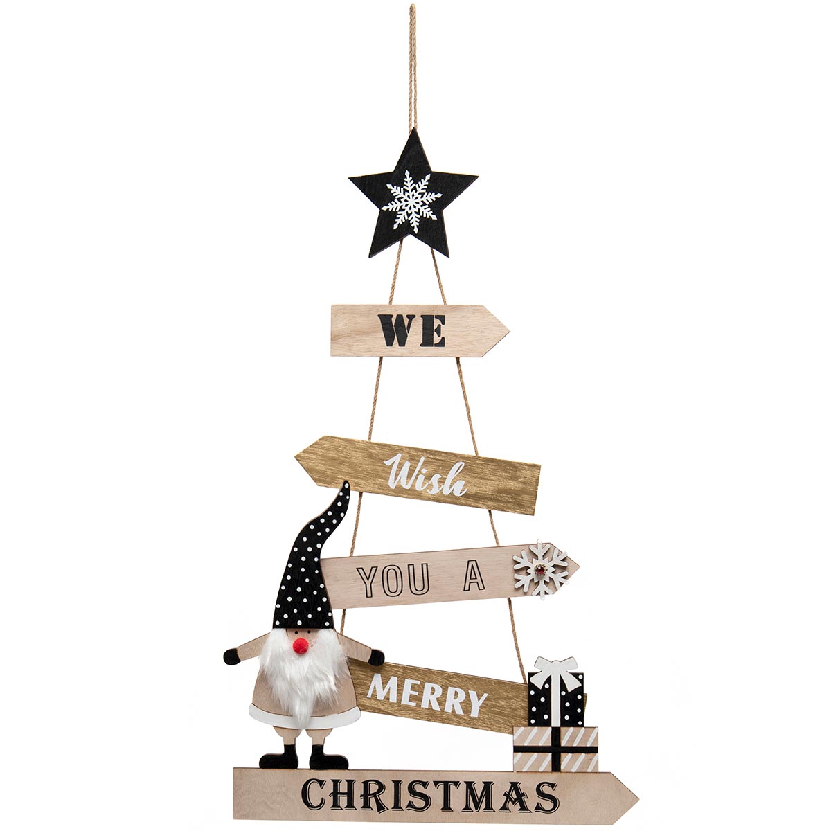 We Wish You a Merry Christmas Gnome Wood Hanging Sign Black/Whi