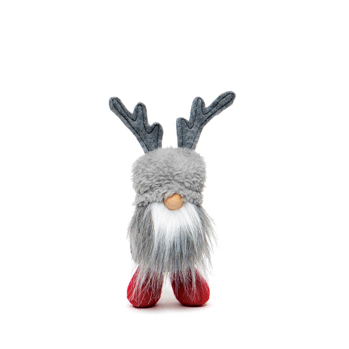 !RUDI REINDEER GNOME GREY WITH WIRED ANTLERS, WOOD NOSE