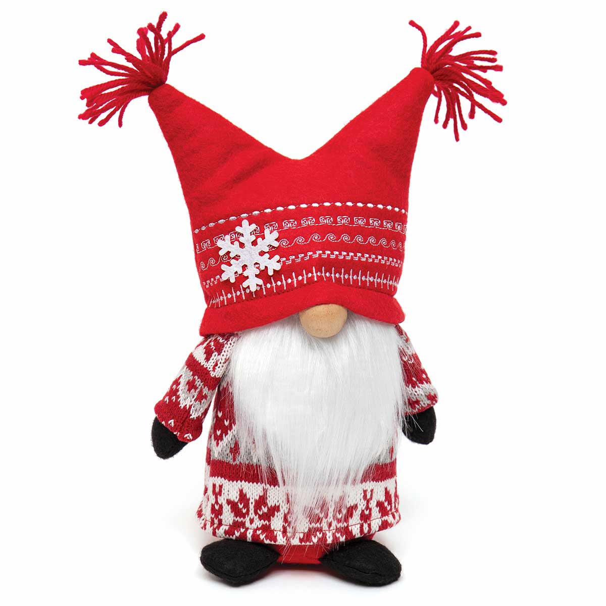 !JESTER GNOME RED/WHITE WITH YARN TASSEL HAT, WOOD NOSE b50