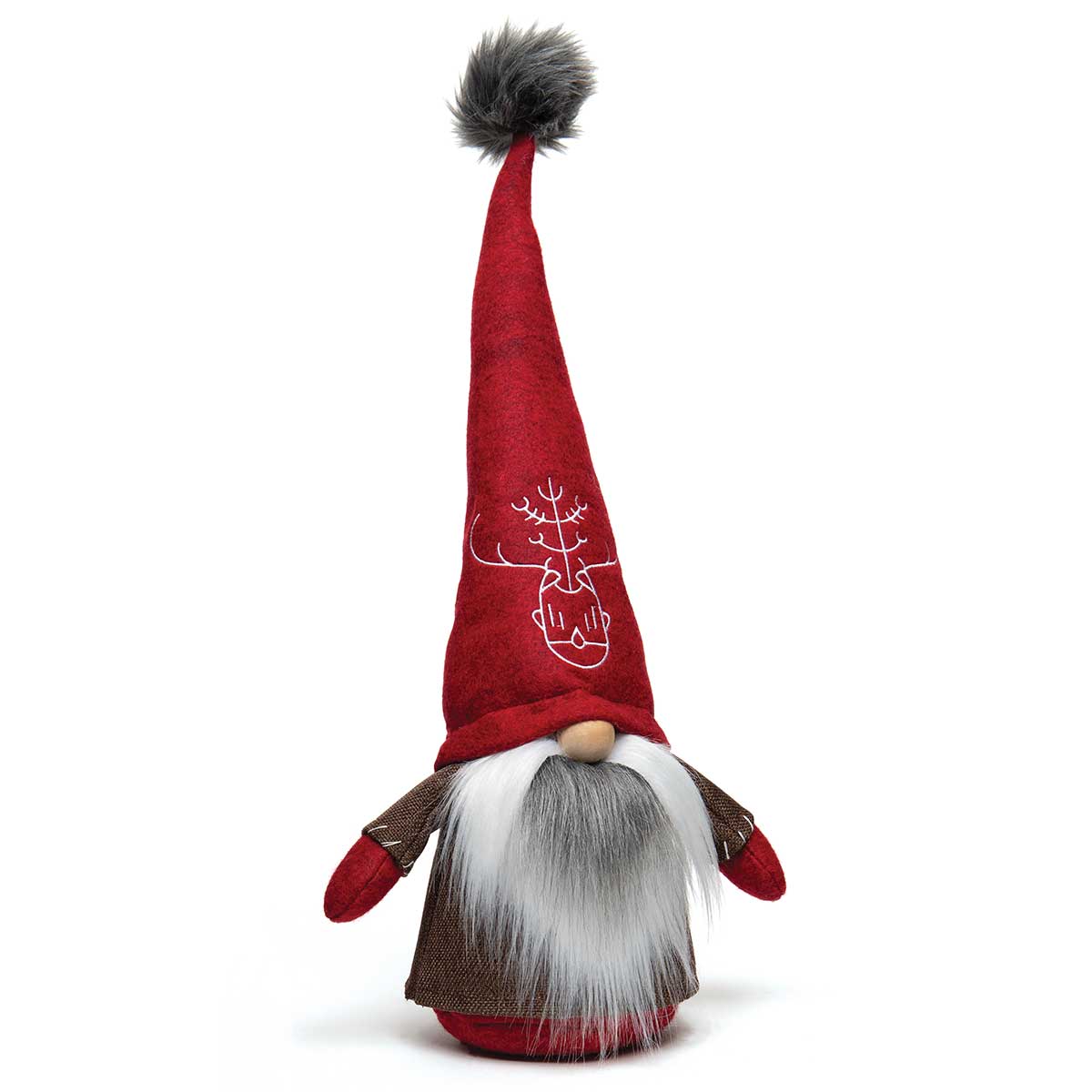 Viking Gnome Red/Grey/Brown with Fur Pom-Pom, Wired Deer Embroid