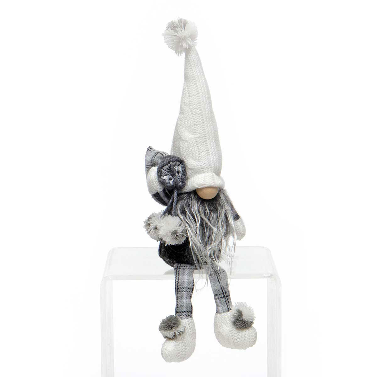 !POM-POM GNOME GREY/CREAM WITH PLAID BAG, WIRED CABLE KNIT