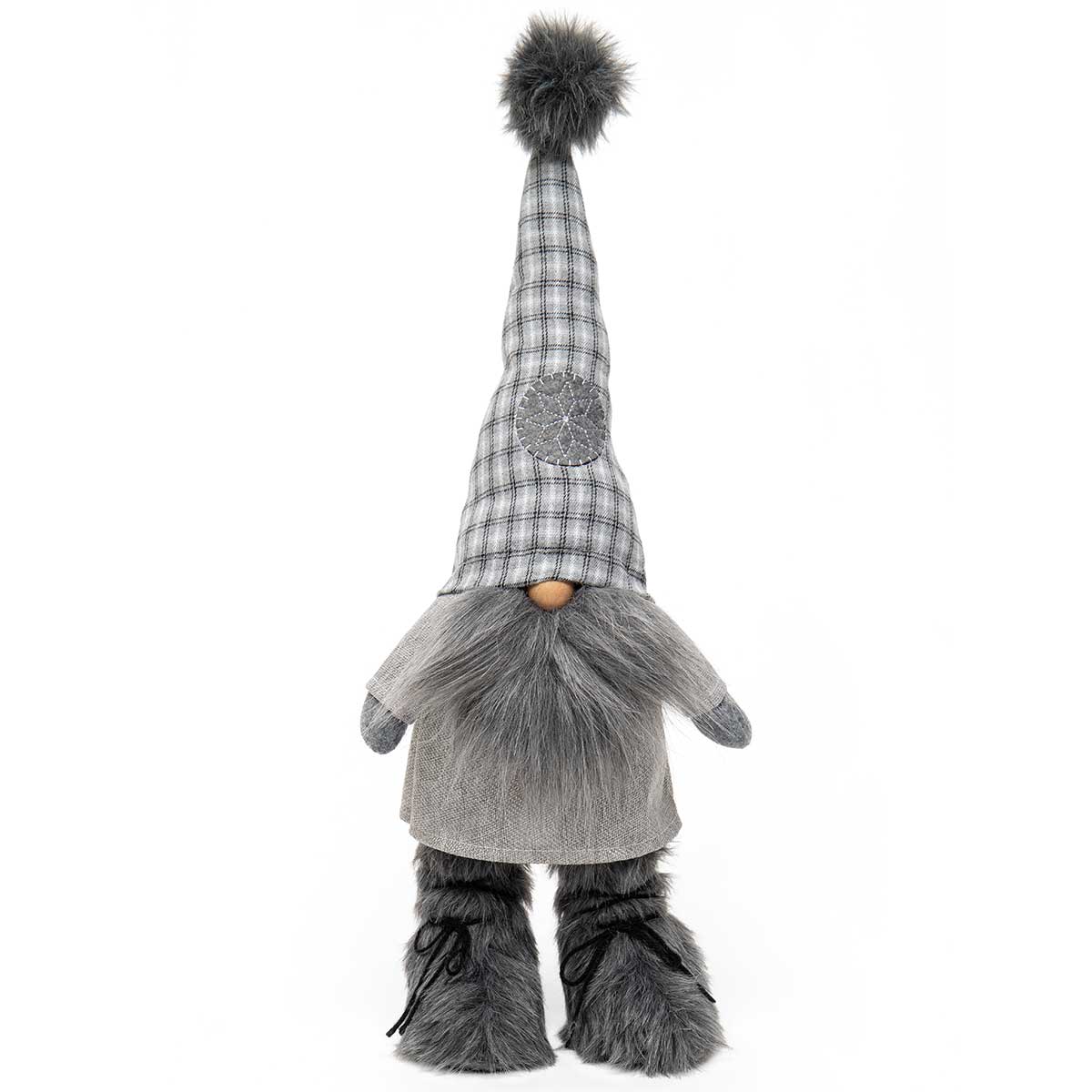 Oskar Standing Gnome Grey with Fur Pom-Pom, Wired Plaid Hat, Fur