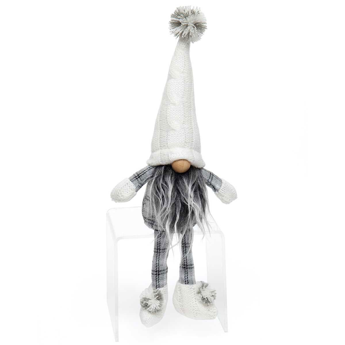 Pom-Pom Gnome Grey/Cream with Wired Cable Knit Sweater Hat Small