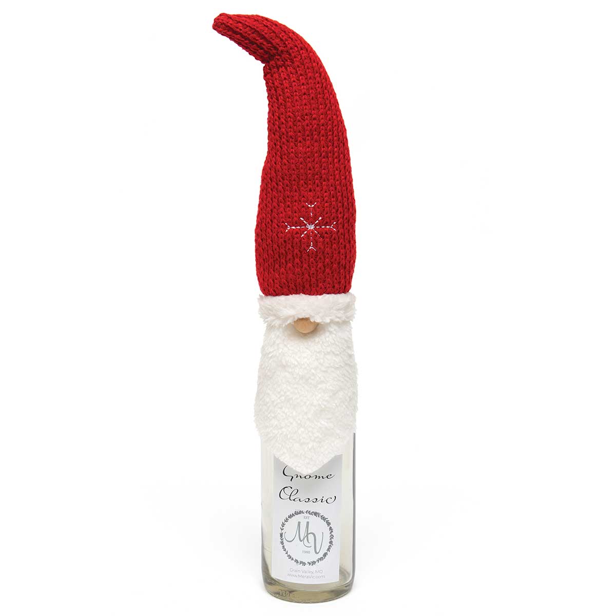 Swede Gnome Bottle Topper Red with Wired Sweater Hat, White Sher