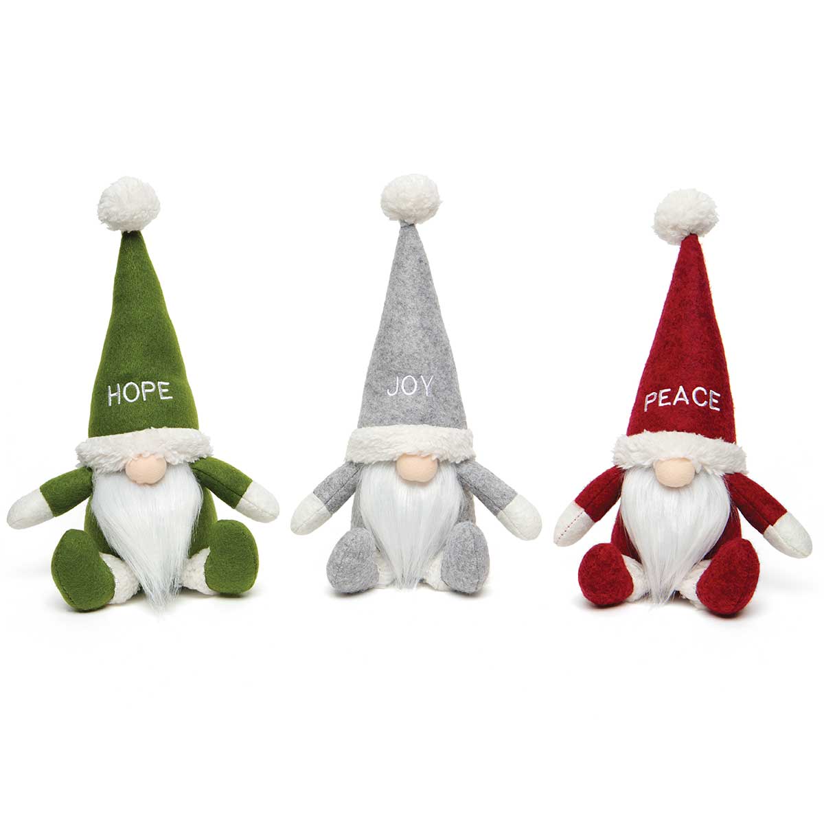 Gnome Red/Green/Grey, Embroidered Peace/Hope/Joy Hat Set of 3 Sm - Click Image to Close