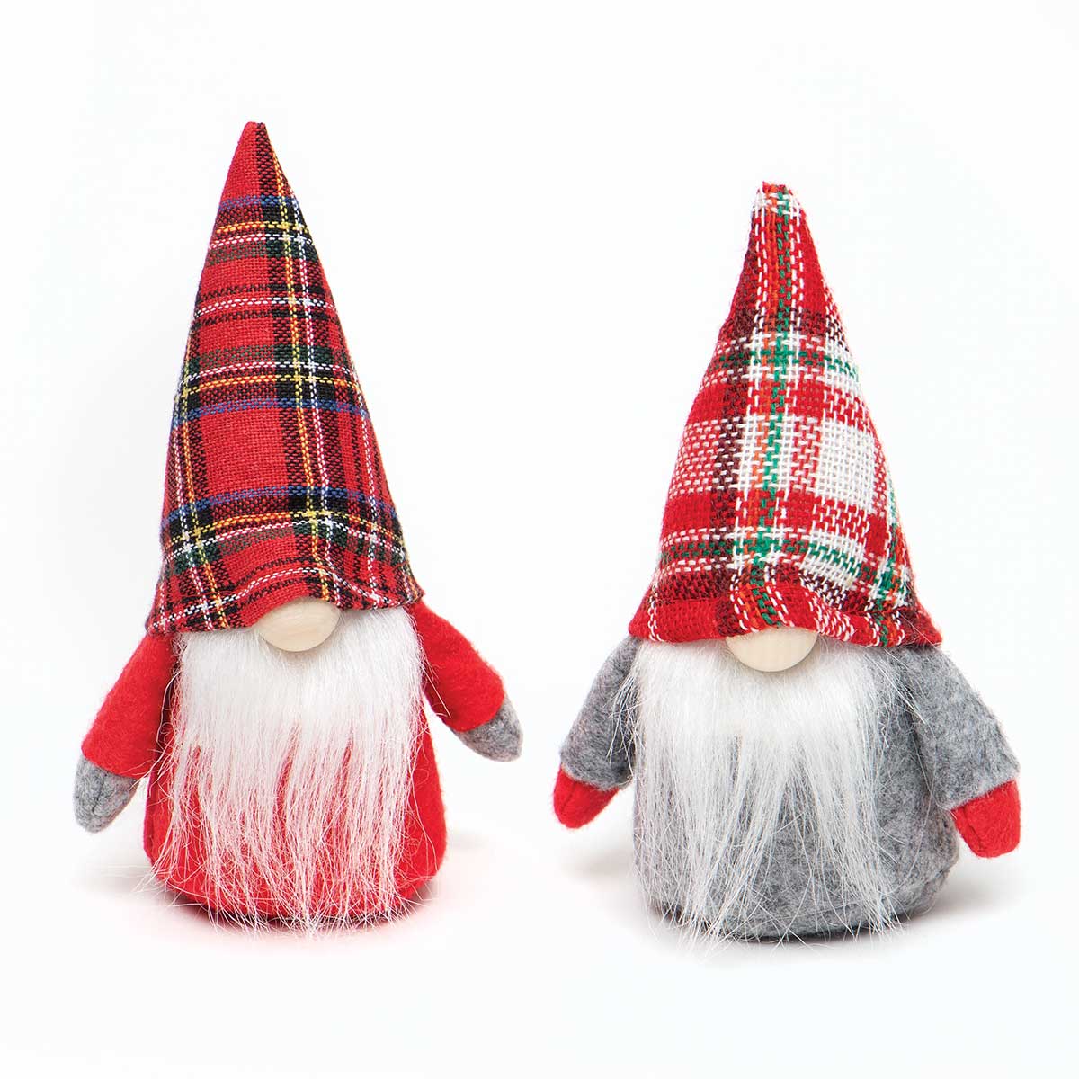WEE GNOME ORNAMENT RED/GREY WITH PLAID KNIT/FABRIC HAT