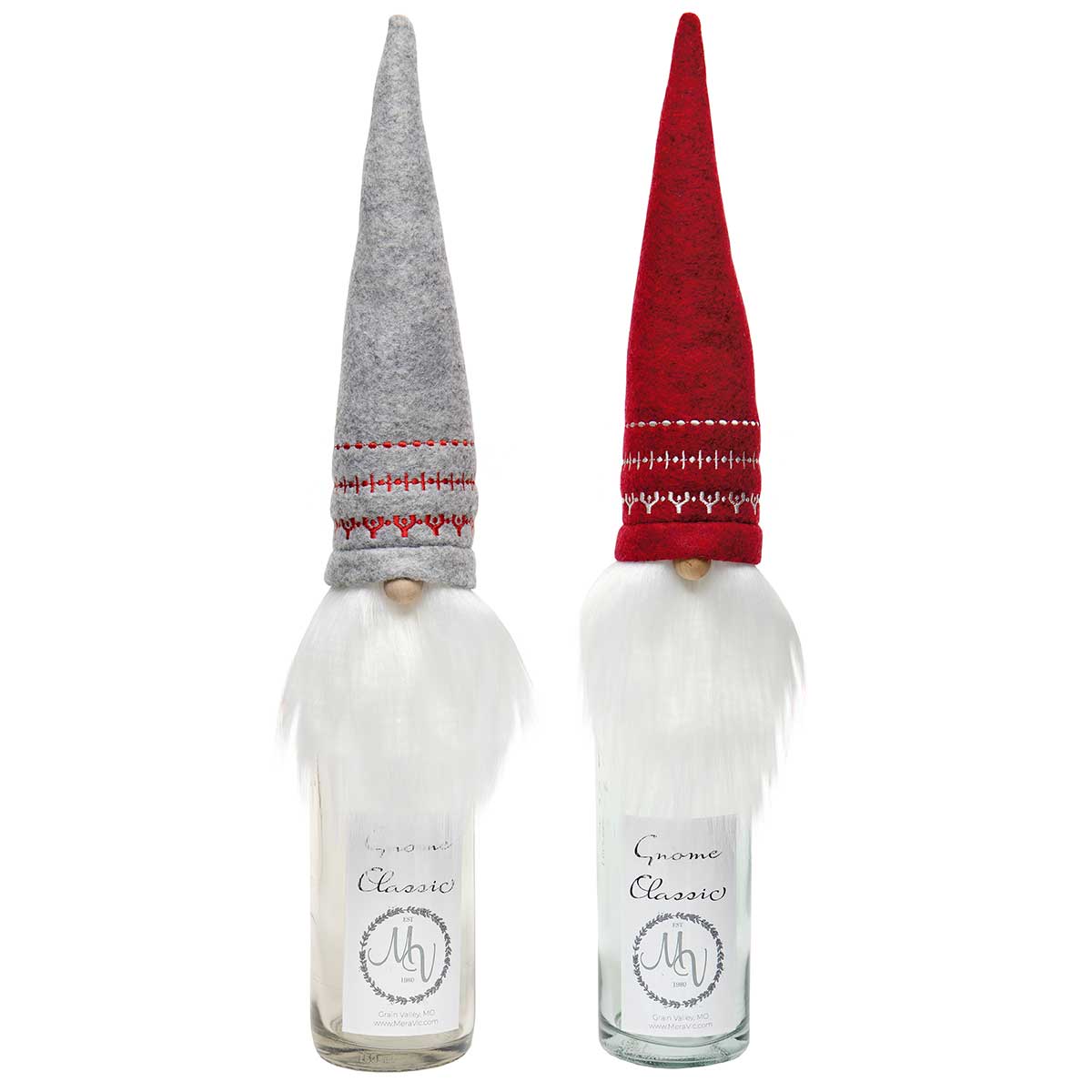 EMBROIDERED HAT GNOME BOTTLE TOPPER BURGUNDY/GREY WITH