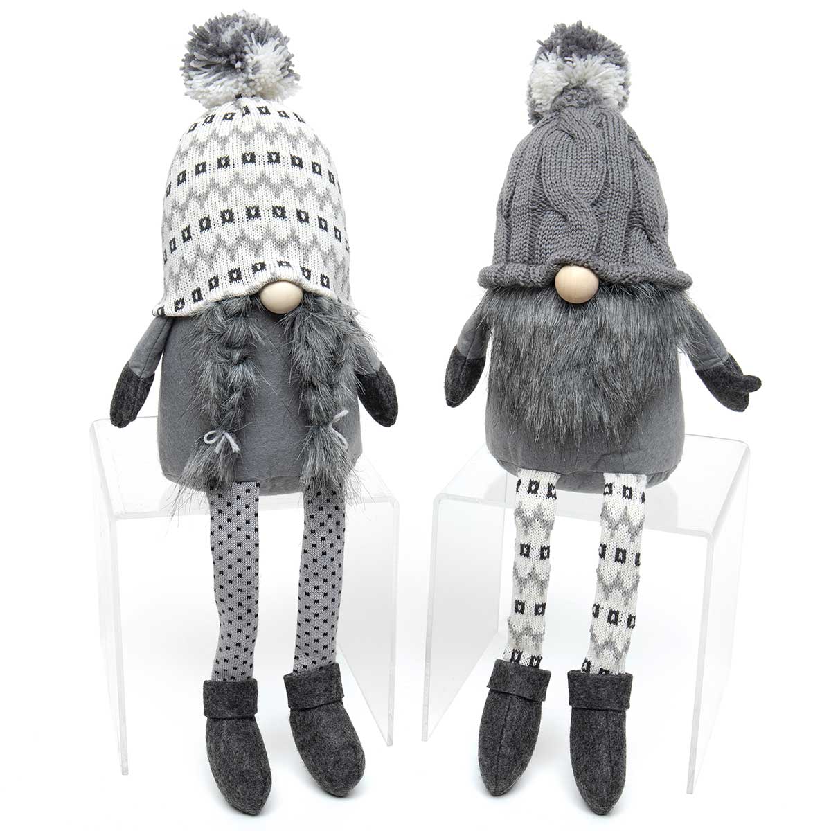 Hansel and Gretel Gnome Grey/Cream with Pom-Pom Set of 2 Large - Click Image to Close