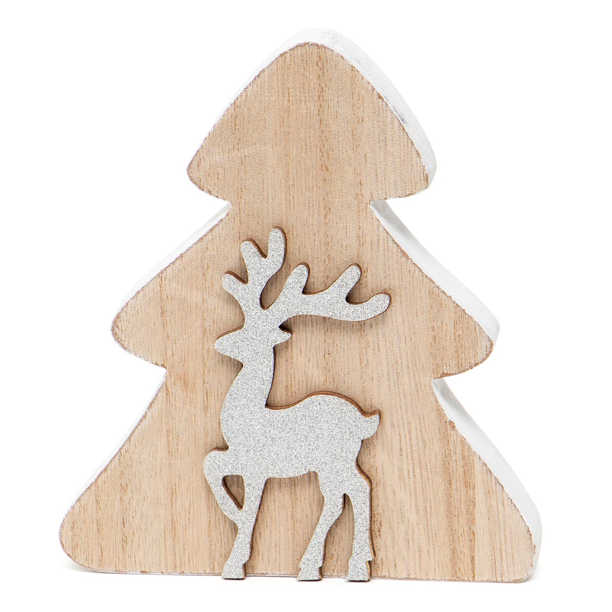 !Tree/Deer Wood Shelf Sitter Natural/White/Silver Glitter f33