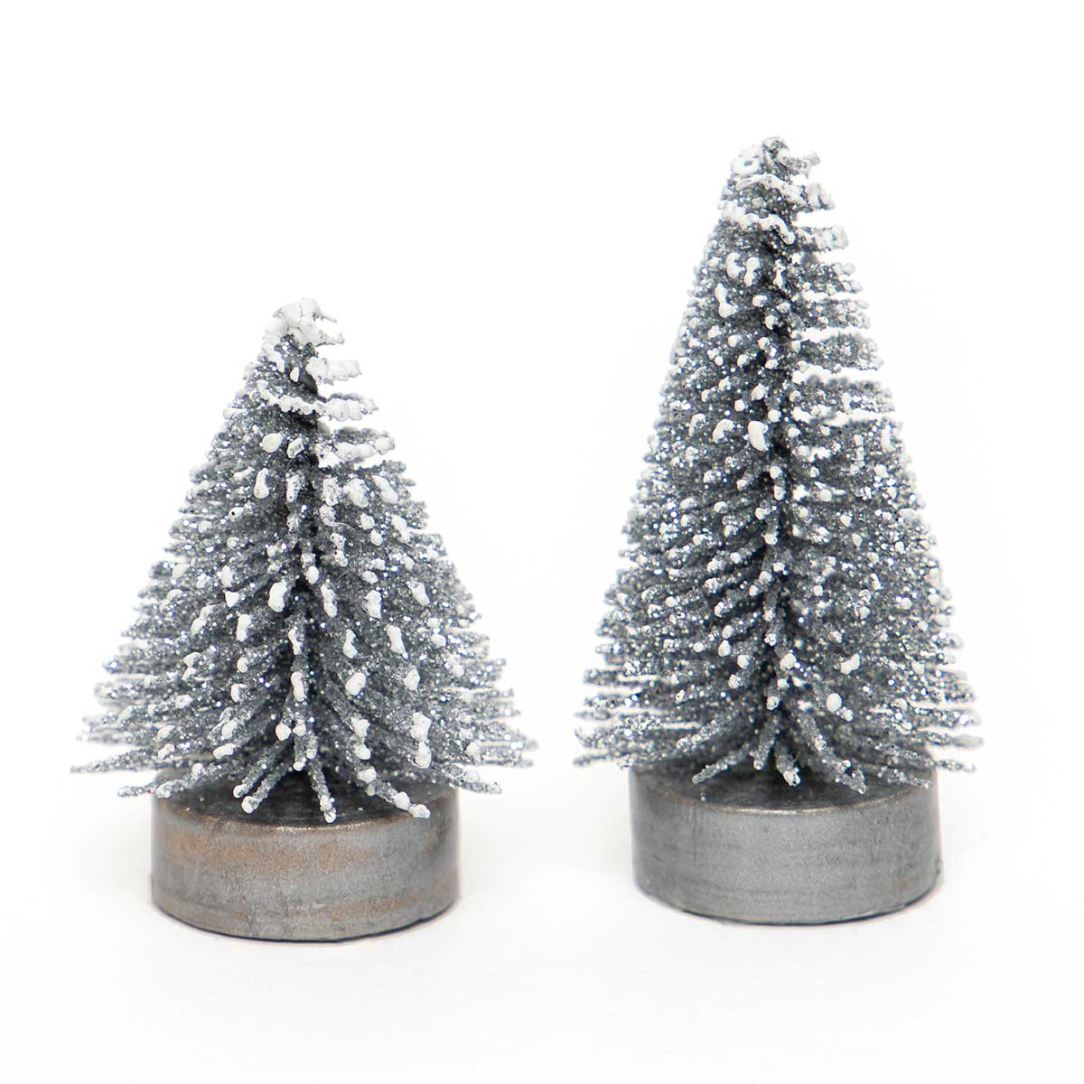 !MINI BRISTLE TREE SILVER WITH SNOWY TIPS, GLITTER AND WOOD BASE