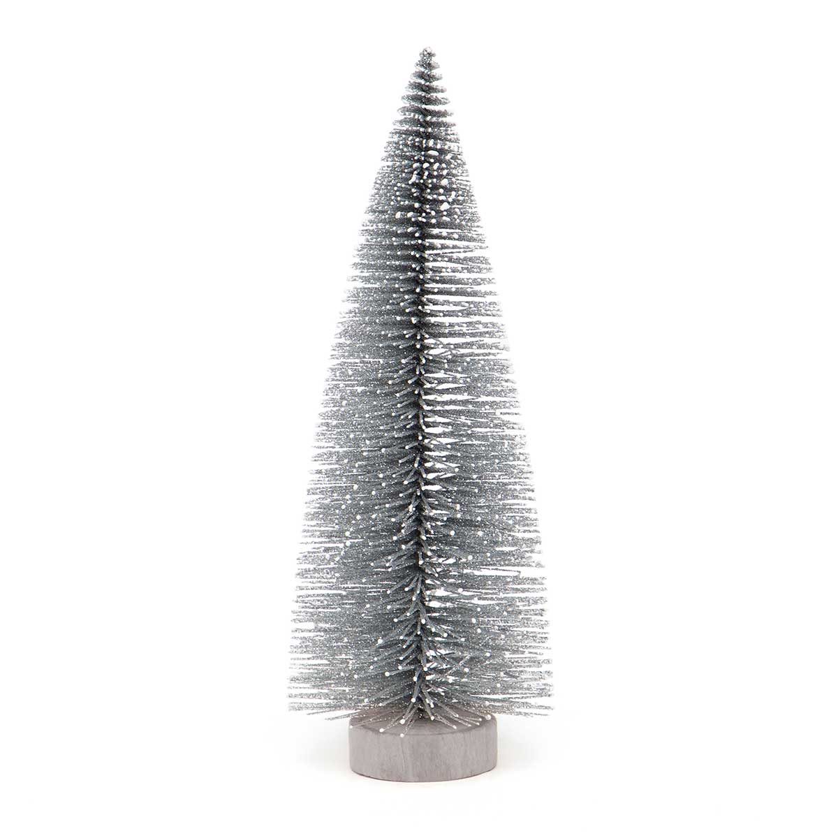 !BRISTLE TREE SILVER WITH SNOWY TIPS, GLITTER AND WOOD BASE
