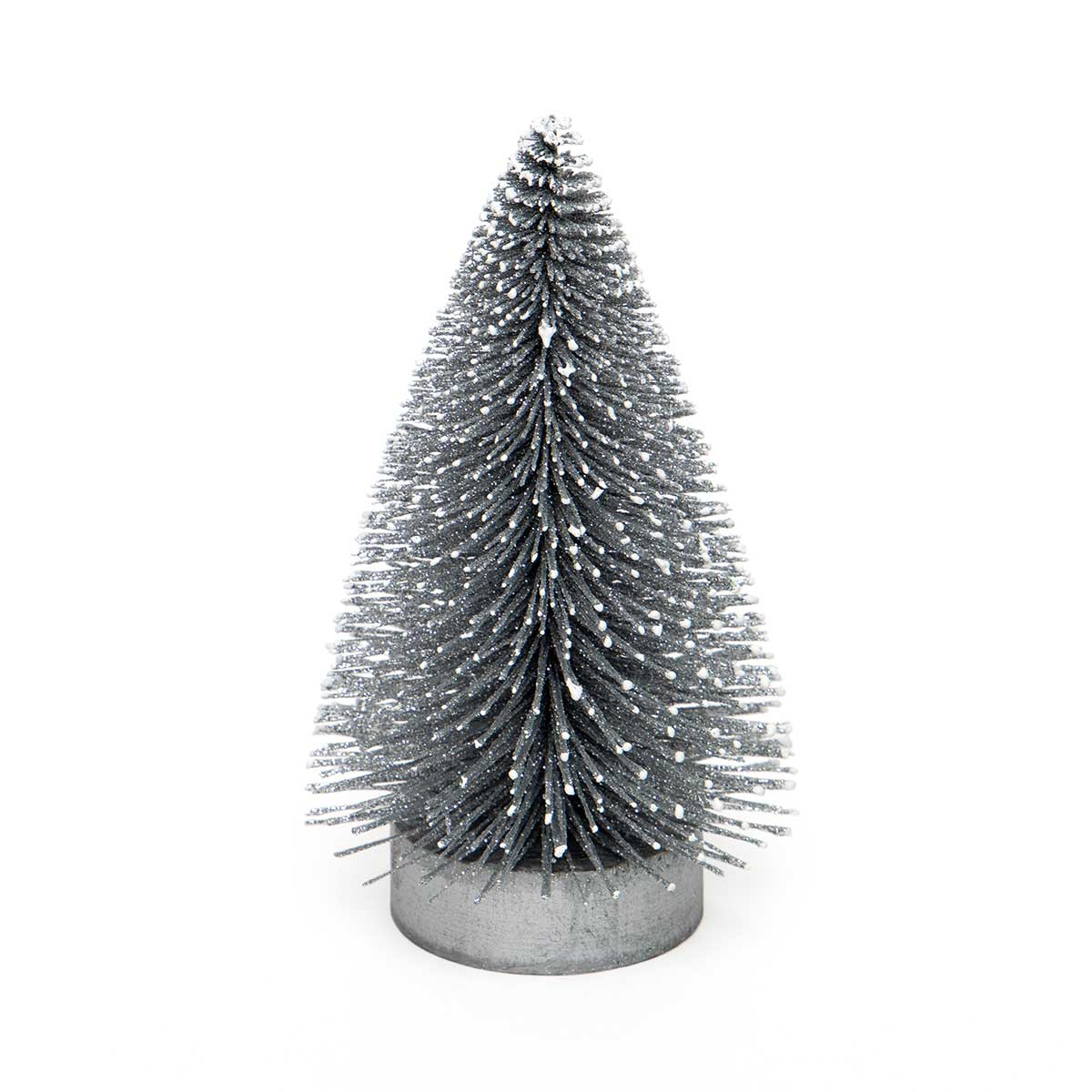 !BRISTLE TREE SILVER WITH SNOWY TIPS, GLITTER AND WOOD BASE