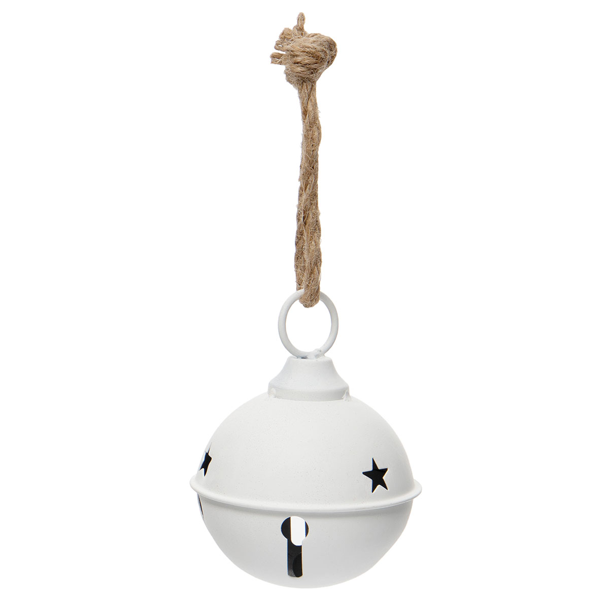 METAL SLEIGH BELL MATTE WHITE WITH STARS AND ROPE HANGER