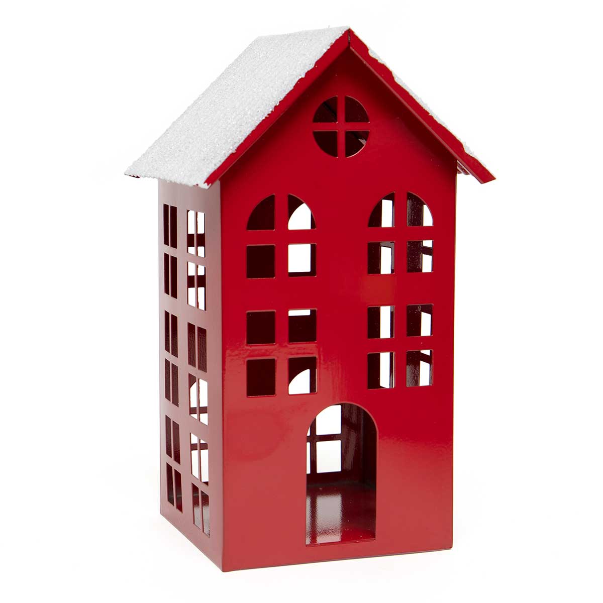 Tall Metal House Red with Snow/Glitter/Mica Roof