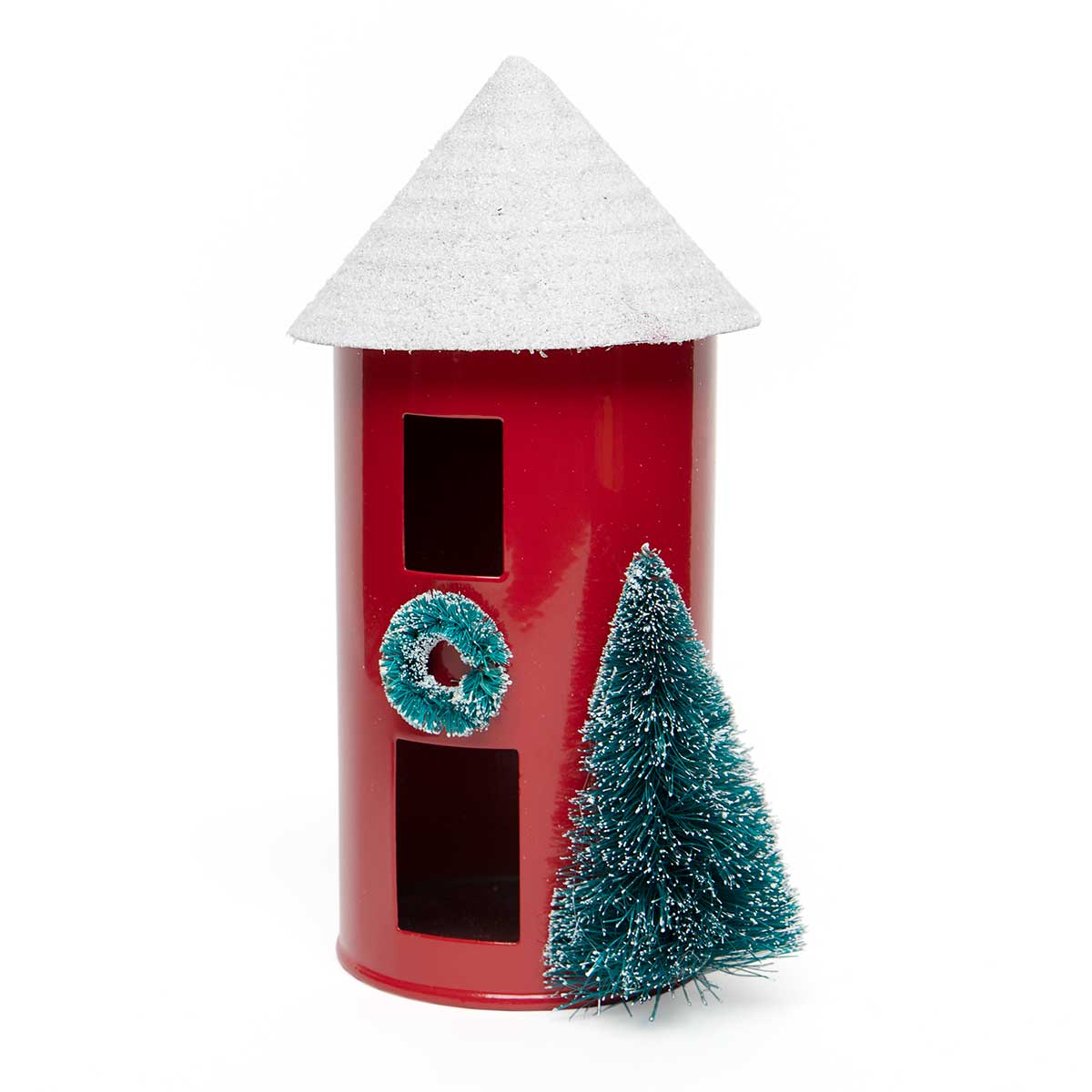 Metal Silo Red with Snow/Glitter/Mica Roof, Pine Wreath and Tree