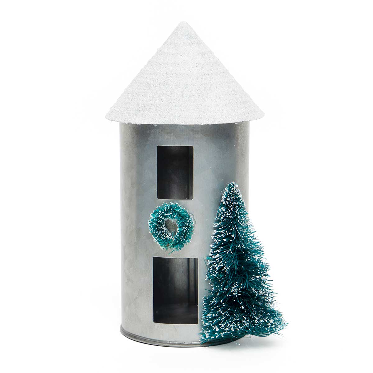 Metal Silo with Snow, Glitter, Mica Roof, Pine Wreath and Tree