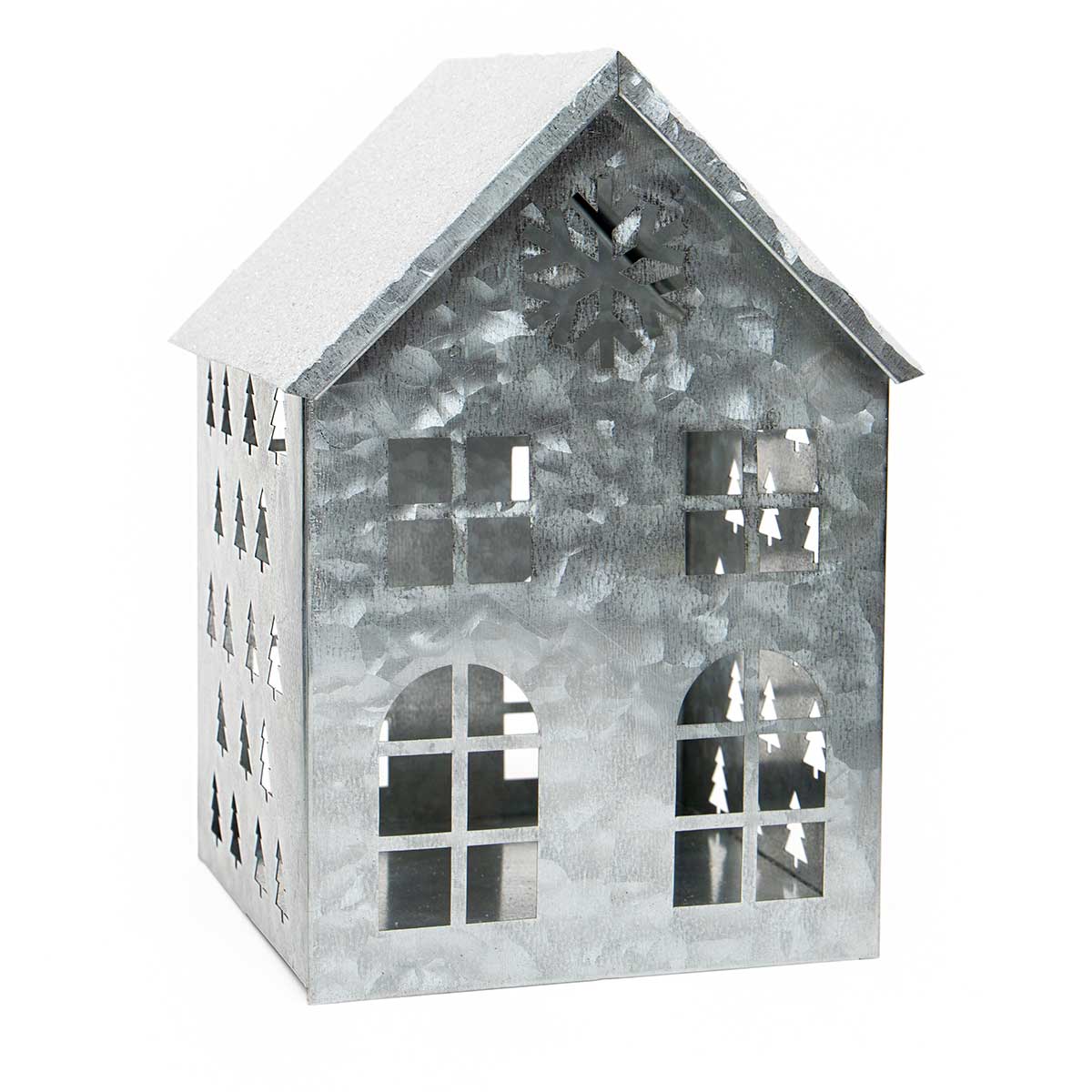 !TALL METAL HOUSE GREY WITH SNOW, GLITTER AND MICA 5.5"X8" b50