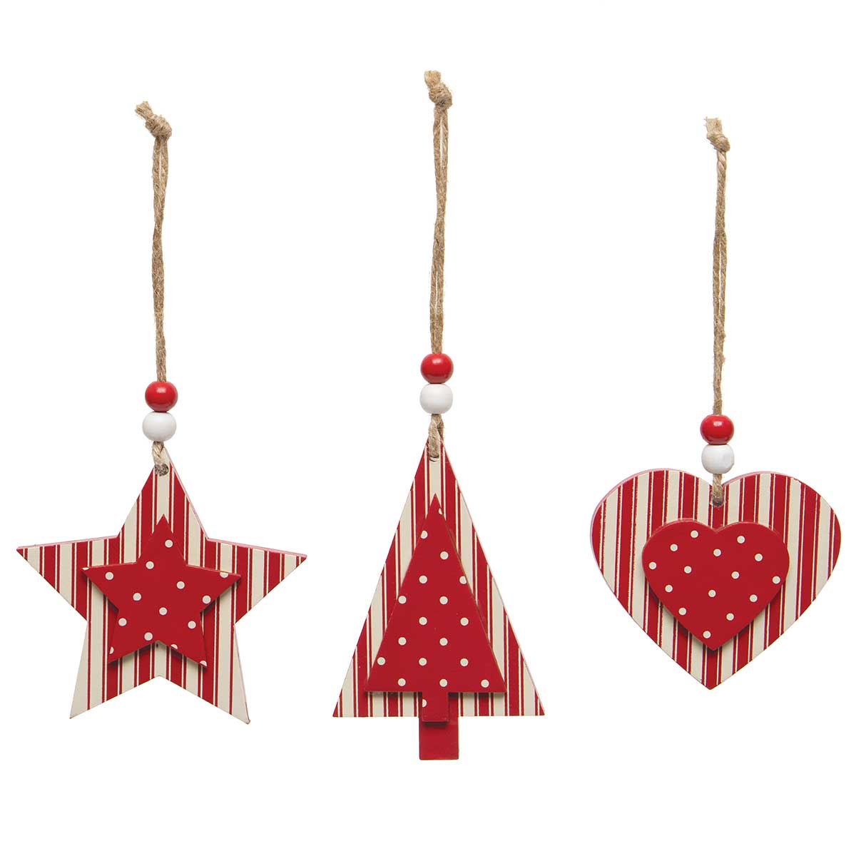 !TICKING WOOD ORNAMENT RED/CREAM WITH PINDOTS, BEADS b50