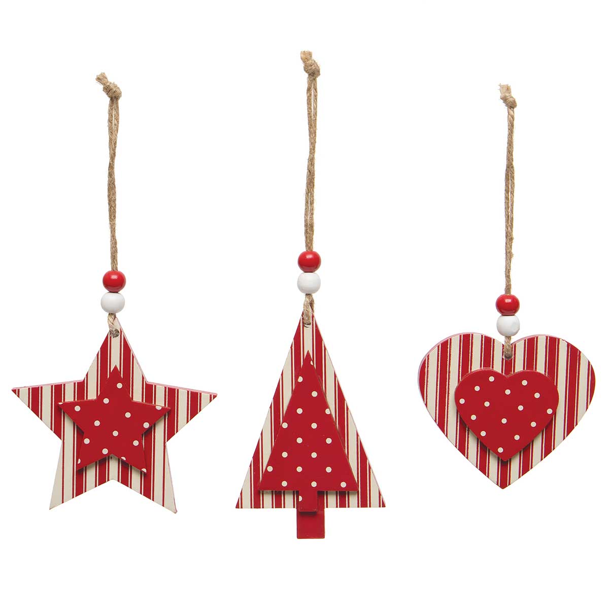 Ticking Wood Ornament Red/Cream Heart/Star/Tree Set of 3