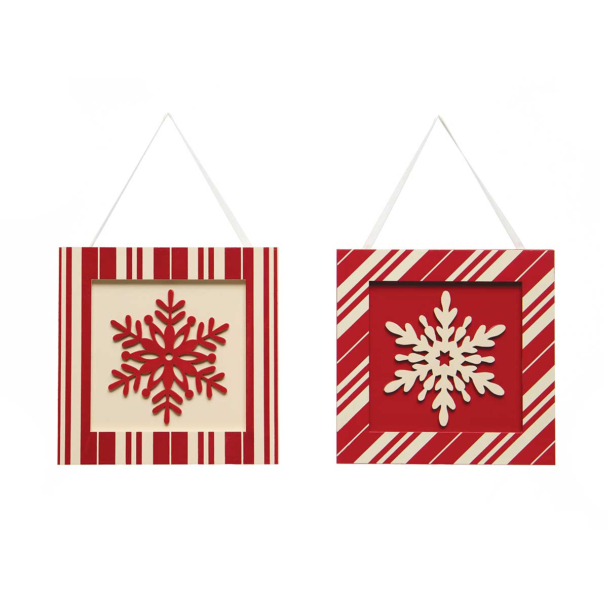 !TICKING SQUARE WOOD SNOWFLAKE ORNAMENT/SIGN RED/CREAM WITH